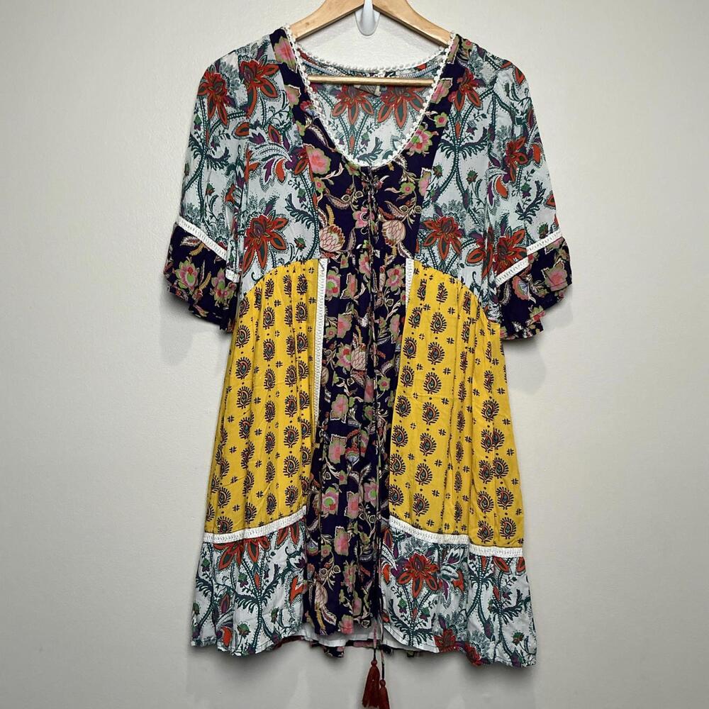 Anthropologie Lilka Dress Size XS Trapeze Multicolor‎ Purple Yellow Patchwork - Picture 2 of 8
